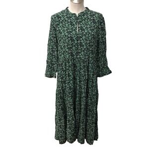 Madewell Button Front Tiered Midi Dress Womens Large Green Fleur Field Boho